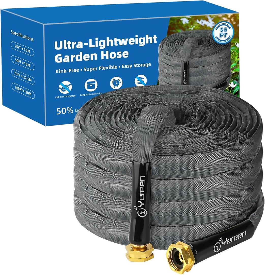 Non-Expanding Garden Hose 50FT, 2025 Upgraded Flat Hose, Lightweight Garden Hose Kink-Free, Burst-Resistant, Easy Use for Outdoor, RV, Lawns, Cleaning, Boat