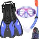 Youth Snorkel Set for Ages 7-16, Snorkeling Gear for Kids with Panoramic View Mask Anti-Fog Anti-Leak Full Dry Top Snorkel Fins Travel Bag for Swimming Diving (Violet)
