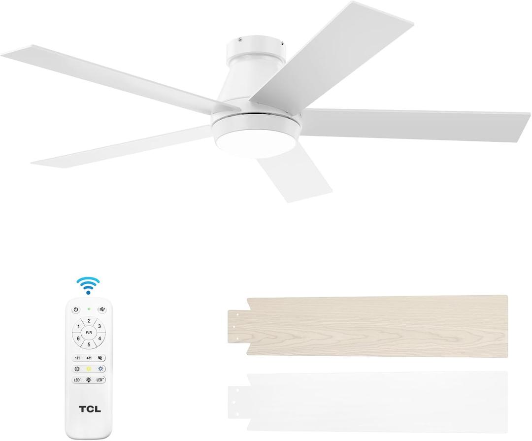 TCL 52" Modern Ceiling Fan with Lights, 5 Blades, 6 Speeds DC Reversible, Dimmable, White Flush Mount for Bedroom, Living Room and Garage