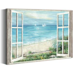 summer melody Beach Seascape Painting Wall Art - Window Coastal Serene Ocean View Canvas Artwork Sailboats & Wildflowers Picture for Living Room Bedroom Decor