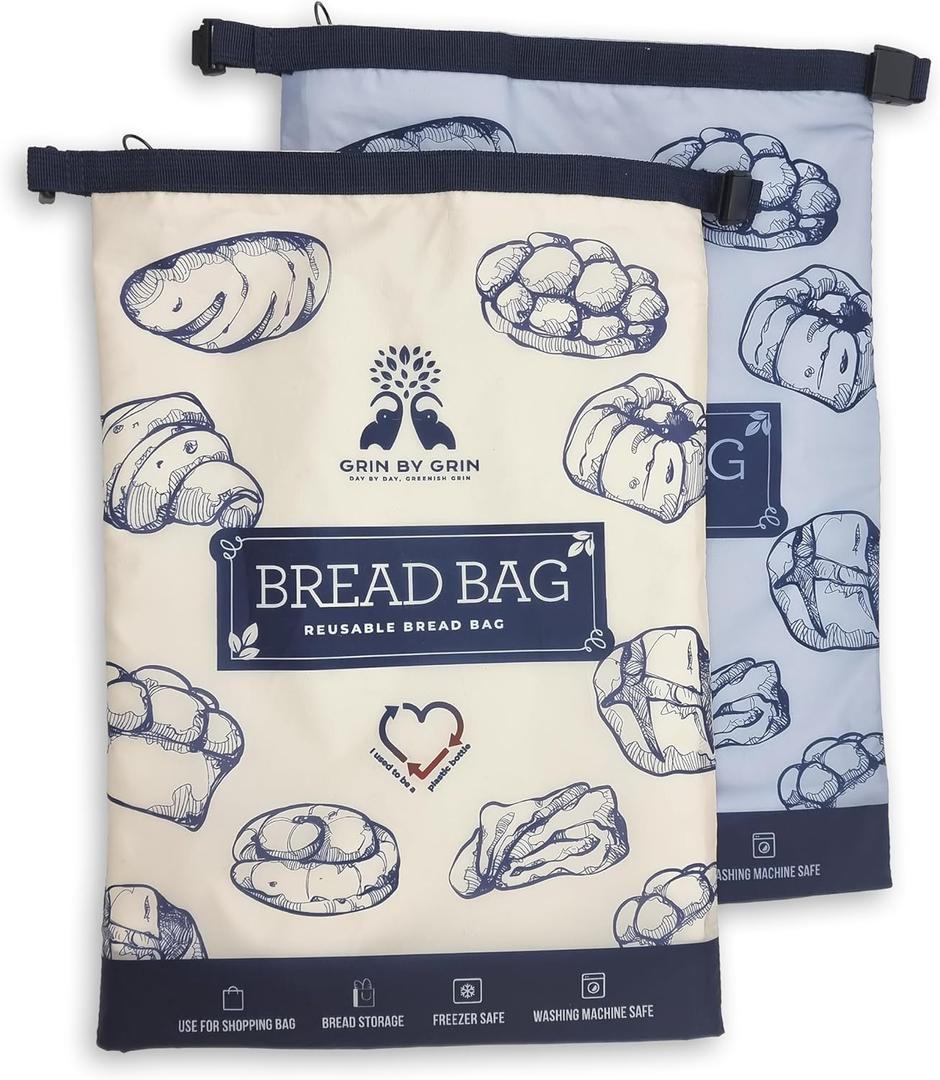 GRIN BY GRIN- Bread Bags 2 Pack Reusable Zipper Bags for Homemade Bread Sourdough Extra Large Freezer Storage