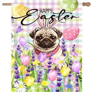 Happy Easter Pug Garden Flag 28x40 Double Sided Bunny Ear Dog Flags Buffalo Plaid Rabbit Eggs Yard Flag for Outside Large Floral Spring House Flags