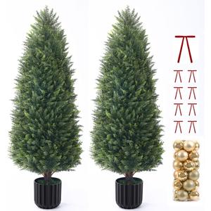 4FT Artificial Cedar Topiary Trees Set of 2, Extra Dense Foliage UV Resistant Fake Plants for Front Porch Christmas Decor, Lifelike Fake Trees Outdoor Indoor Home (48 Inch)