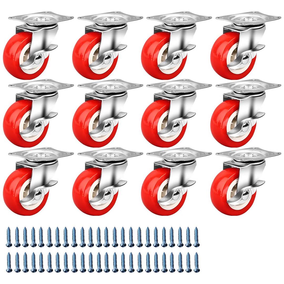 1.5 Inch Caster Wheels, Heavy Duty Casters Wheels with Brake Swivel Casters with Polyvinyl Chloride (PVC) Wheels, Locking Casters Red (12 Pack)
