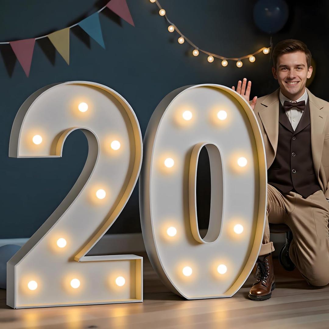 imprsv Marquee Numbers 20 Birthday Decorations: Large Light Up Numbers 20 Years Old Birthday Decor for Men Women Big Sign Party Anniversary Cardboard Backdrop Signs Blocks Balloons (3ft White)