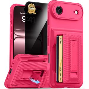for iPhone Air Case Wallet with Card Holder (4-5Cards) +1 Privacy Screen Protector,[RFID Blocking][Kickstand][Military Drop Protection] Full Camera Protection Wallet Case for iPhone 17 Air (Hot Pink-Air)