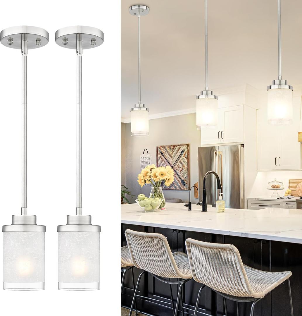 TENGXIN Modern Pendant Light for Kitchen Island, Brushed Nickel Hanging Ceiling Light Fixture,Farmhouse Pendant Lighting for Dining Room Bedroom Bar Office 2Pack,TXPLBN01-2PK