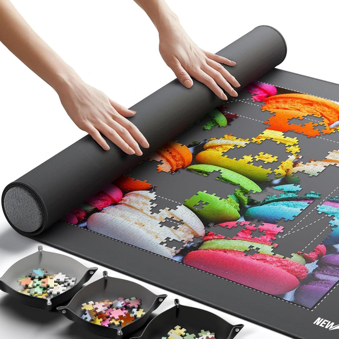 Newverest Jigsaw Puzzle Mat Roll Up, Saver Pad 39.4 x 23.6 Portable Keeper Up to 1000 Pieces with Non-Slip Rubber Bottom and Polyester Top + 3 Puzzle Sorting Trays, Travel-Friendly Storage Bag