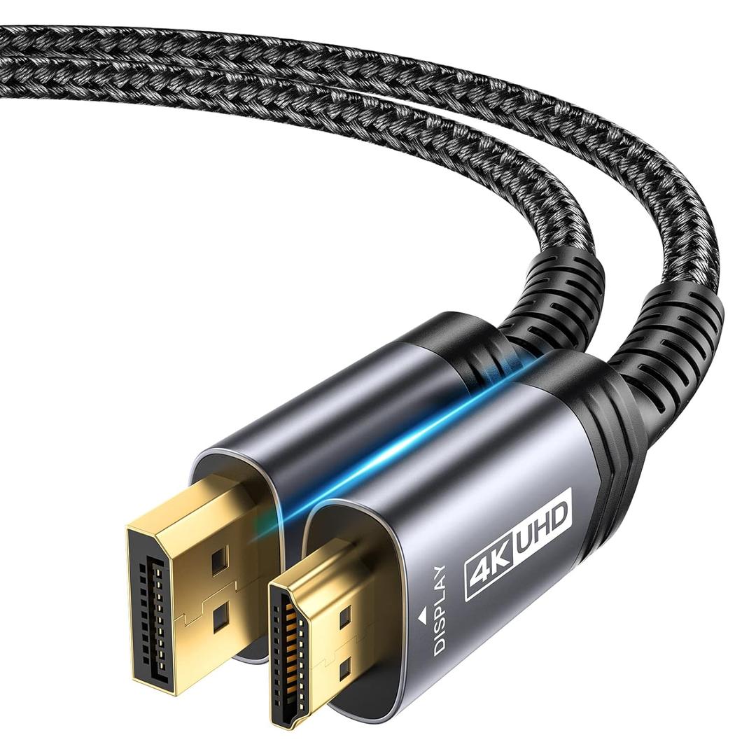 JSAUX 4K DisplayPort to HDMI Cable Adapter 10FT, DP to HDMI Male Video UHD 4K@30Hz/2K@60/1080P@120 Nylon DP to HDTV Uni-Directional Cord for Dell, Projector, Desktop, AMD, NVIDIA, Lenovo, HP, ThinkPad (10FT, Grey)
