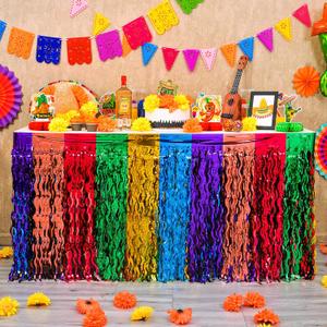 Mega-L Taco Birthday Party Table Decorations 4Pack Mexican Theme Fiesta Party Wavy Metallic Tinsel Foil Fringe Table Skirt, for Day of The Dead Altar Decoration, Dia De Los Muertos Cinco de Mayo Decor