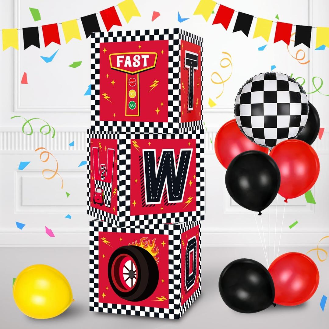 TONIFUL Race Car 2nd Birthday Party Supplies Red Yellow Black Balloon Box with Letters，Fast Two Theme Two Years Old Birthday Party Favors for Kids Baby Shower Second Birthday Decoration