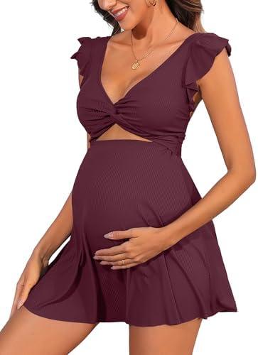 Charmo Ruffle Ribbed Maternity Swimsuit One Piece Cutout Pregnancy Bathing Suits Push Up Twisted Swimwear Swim Dress S