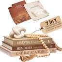 JULZEN Linen Decorative Books for Home Decor  Aesthetic Set of 3 Beige Fake Books for Coffee Table Decor with Faux Book Box Storage, Wood Knot & Bead Garland  Neutral Living Room Decoration