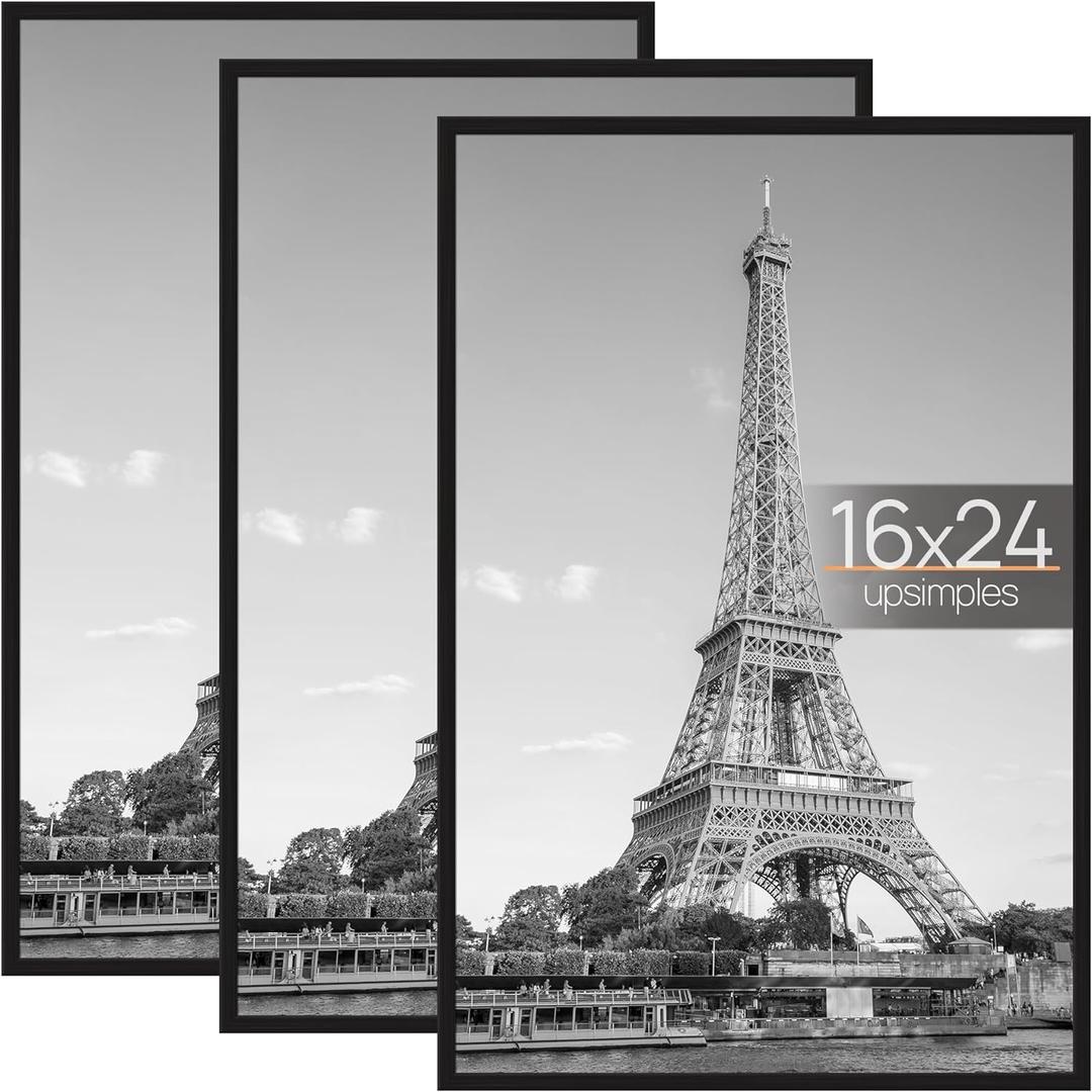 upsimples 16x24 Picture Frame Black 3 Pack, Scratch-Proof Poster Frames 16 x 24 for Photo Gallery - Slide-In Strips, Horizontal or Vertical Wall Mounting
