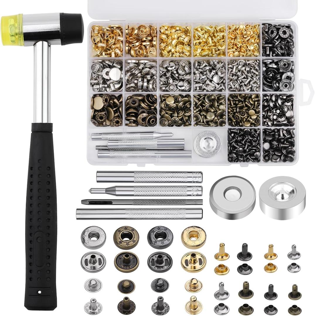 Yizzvb 320 Pcs Leather Rivets Kit, 60 Pcs Leather Snap Fasteners, 2 Size Leather Rivets Double Cap Rivet Kit, Double-Sided Nylon Hammer, 5 Pcs Installation Tools for Leather DIY Projects