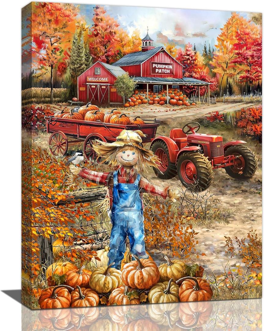 Tijuboni Farmhouse Fall Wall Art Pumpkin Patch Scarecrow Harvest Pictures Decor Autumn Barn Truck Canvas Prints Painting Artwork Home Thanksgiving Gift for Kitchen Bathroom Living Room 12"x16"