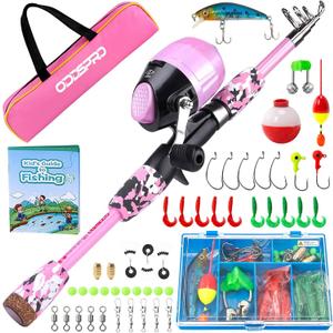 ODDSPRO Kids Fishing Pole Pink, Portable Telescopic Fishing Rod and Reel Combo Kit - with Spincast Fishing Reel Tackle Box for Girls, Youth (1.5M 4.92Ft)