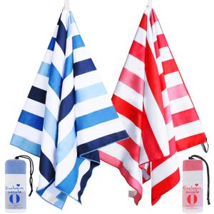 Exclusivo Mezcla 2 Pack Large Quick Dry Beach Towels, Microfiber Sand Free Cabana Stripe Pool Bath Swim Towel with Bag, Lightweight and Thin (Blue and Red, 30x60 Inches)