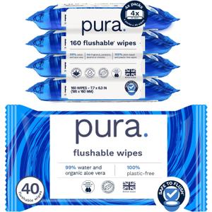 Pura XL Flushable Adult Wipes Unscented Extra Large Wet Wipes with Aloe Vera & 99% Water, Sensitive Skin, 4 Pack of 40 (160 Wipes), Personal Hygiene Toilet