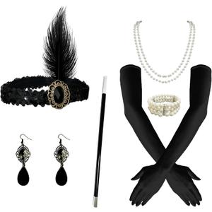 1920s Flapper Headpiece Roaring 20s Headband Fascinators Feather Hair Accessories Tea Party Hat Dress up (Black - Flapper Costume Accessories Kit 6pcs)
