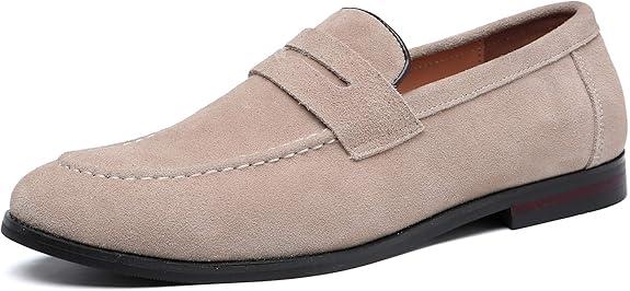 Slip On Penny Loafers Moccasins Suede Shoes Beige, Size 6 US