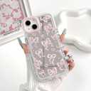 2 x NITITOP Compatible with iPhone 14 Plus Case Cute Mirror Bow Love Heart Pattern for Women Girls Ribbon Design Shockproof Silver Protective Phone Cover - Light Pink Bow