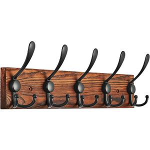 Hmsrjh Coat Rack Wall Mounted, Pre-Assembled 16" Wooden Hat Rack with 5 Triple Hooks, Heavy Duty Rustic Farmhouse Wood Plank for Entryway, Bathroom - for Hanging Coats, Jackets, Hats, Bags, Backpacks (Black)