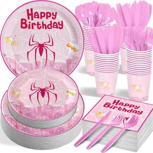 168 PCS Pink Cartoon Happy Birthday Party Decorations Set - Pink Cartoon Theme Plates Napkins Disposable Paper Cups Tableware Set Birthday Party Supplies for Boys Girls