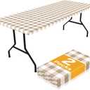 Smiry Picnic Table Cloth 2 Pack, Waterproof Elastic Fitted Tablecloths for 6FT Rectangle Tables, Washable Polyester Buffalo Plaid Tablecloth for Camping, Dining & Outdoor (Khaki & White, 30" x 72")