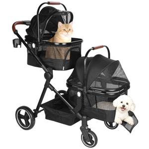 Foldable Double Pet Stroller for 2 Small Medium Cats Dogs, Lightweight Single and Double Integrated Pet Stroller with Detachable Carriers (Black)