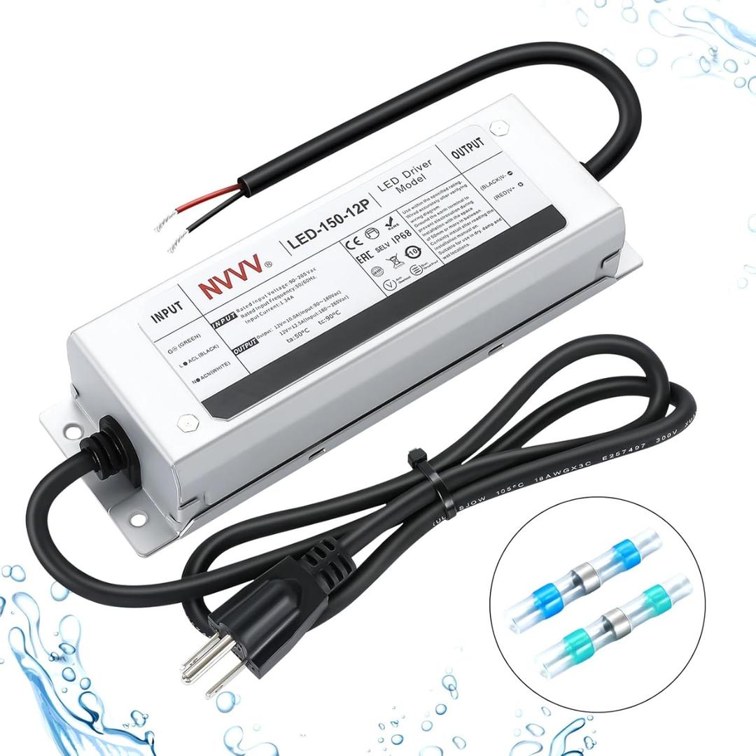 12 Volt LED Driver 150 Watts Waterproof IP68 Power Supply Low Voltage Transformer Adapter 90-265V AC to 12V DC 12.5A Converter for LED Strip, Indoor Outdoor Lighting Built-in Active PFC Function
