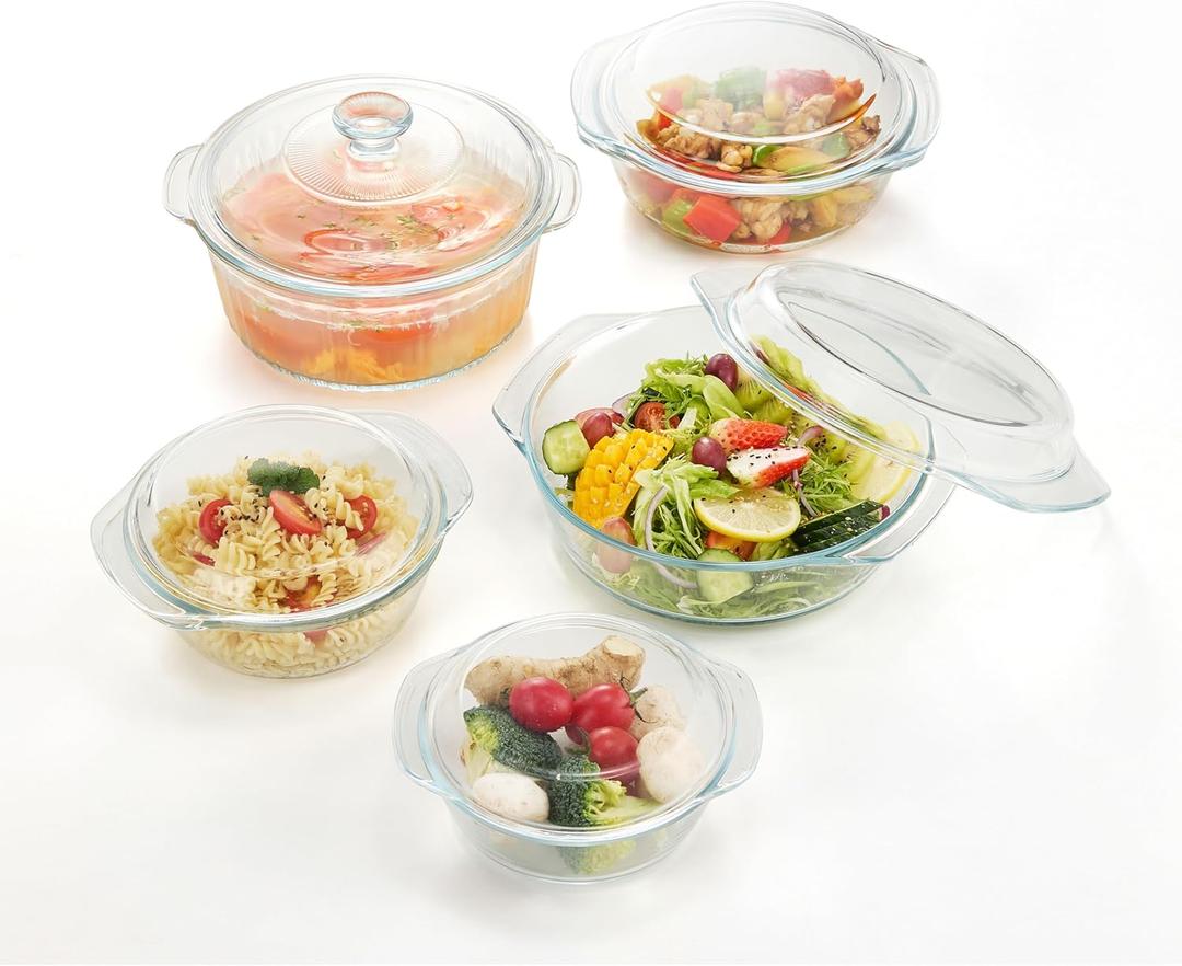 Glass Food Storage Containers with Lids, 5-Piece Nesting Bowl Set, Microwave Safe Bakeware Serving, Cooking, Microwave and Dishwasher Safe Bakeware-0.7L+1L+1.5L+2L+2.5L Glass Food Storage Containers with Lids, 5-Piece Nesting Bowl Set, Microwave Safe Bakeware Serving, Cooking, Microwave and Dishwasher Safe Bakeware-0.7L+1L+1.5L+2L+2.5L