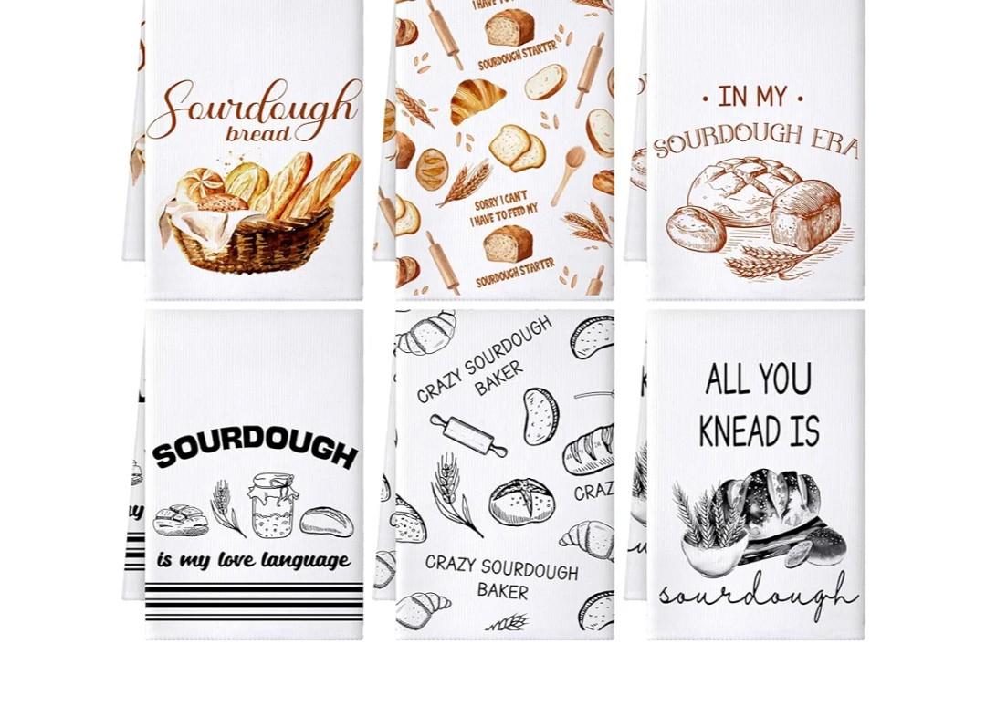 Hahafelt 6 Pcs Funny Sourdough Baking Kitchen Towels Gifts for Sourdough Bakers Decorative Hand Dish Towels for Baking Lover Gifts Women Men Chef Tea Cloths Kitchen Decor 24 x 16''
