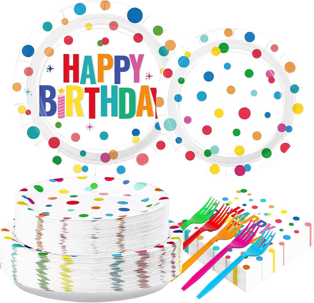 200Pcs Happy Birthday Party Decorations Colorful Polka Dots Plates and Napkins Tableware Set Rainbow Dots Party Decoration for Kids Girls Boys Baby Shower Wedding Birthday Party Supplies Serves 50