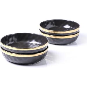 Stone Lain Florian 4-Piece Round Pasta Bowl Set, Black with Gold Rim