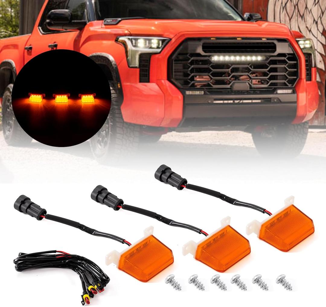 Front Bumper LED Grille Lights,Amber Yellow Grille Lamp fit for Toyota Tundra TRD PRO 2022 2023,Front Grille Middle Lamps Insert Lights with Wiring Harness Fuse,No Bracket,Set of 3