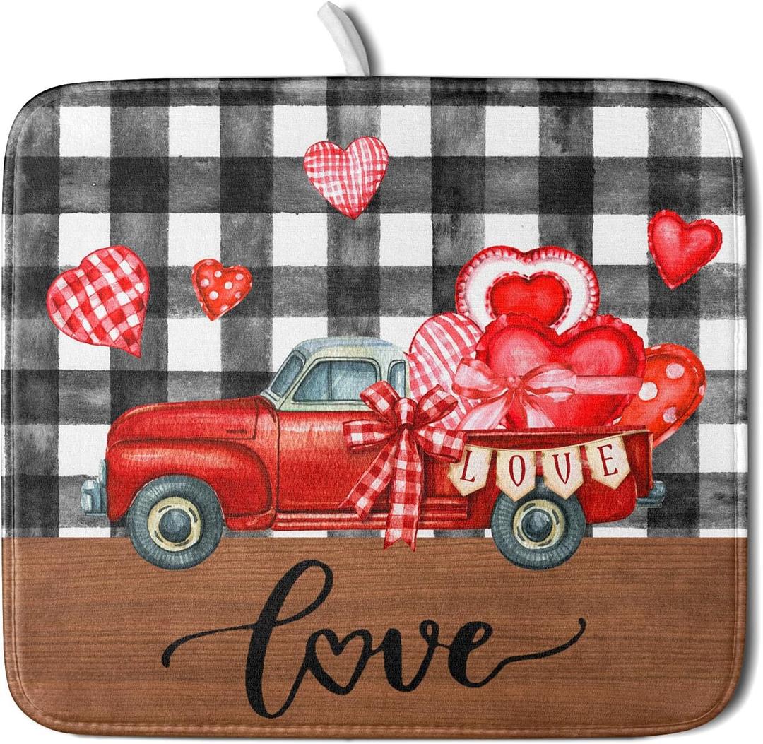 Valentine's Day Red Heart Truck Dish Drying Mat for Kitchen Counter, Black White Buffalo Plaid Love Drying Mat 16 x 18 Inch with Absorbent Reversible Microfiber Dish Drying Pad for Coffee Bar
