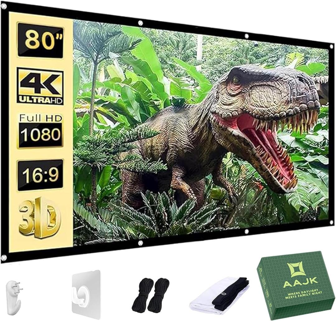 AAJK 80 inch Projector Screen, Washable Projector Screen 16:9 Foldable Anti-Crease Portable Projector Movies Screen for Home Theater Outdoor Indoor Support Double Sided Projection