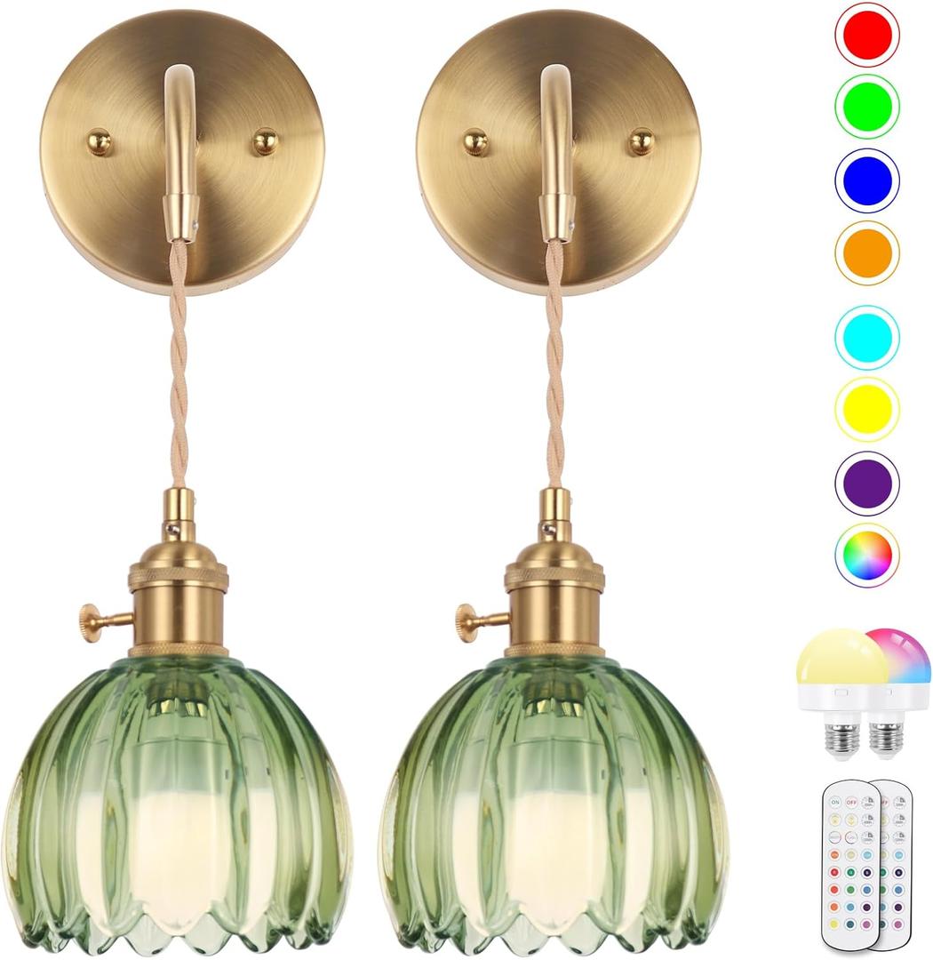 EIDEARAY Battery Operated Wall Sconce, Indoor not Hardwired Wall Sconces Deep Green Glass Lampshade with RGB Dimmable, Wall Sconces Set of Two with Remote, Vintage Wall Lamp, for Bedroom Living Room