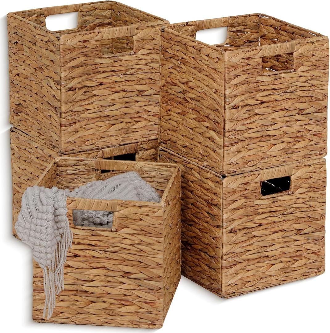 5 x 11x11in Wicker Storage Baskets Set of 5 Collapsible Water Hyacinth Basket for Organizing,Handwoven Woven Bins for Bedroom,Living Room,Shelves - Natural