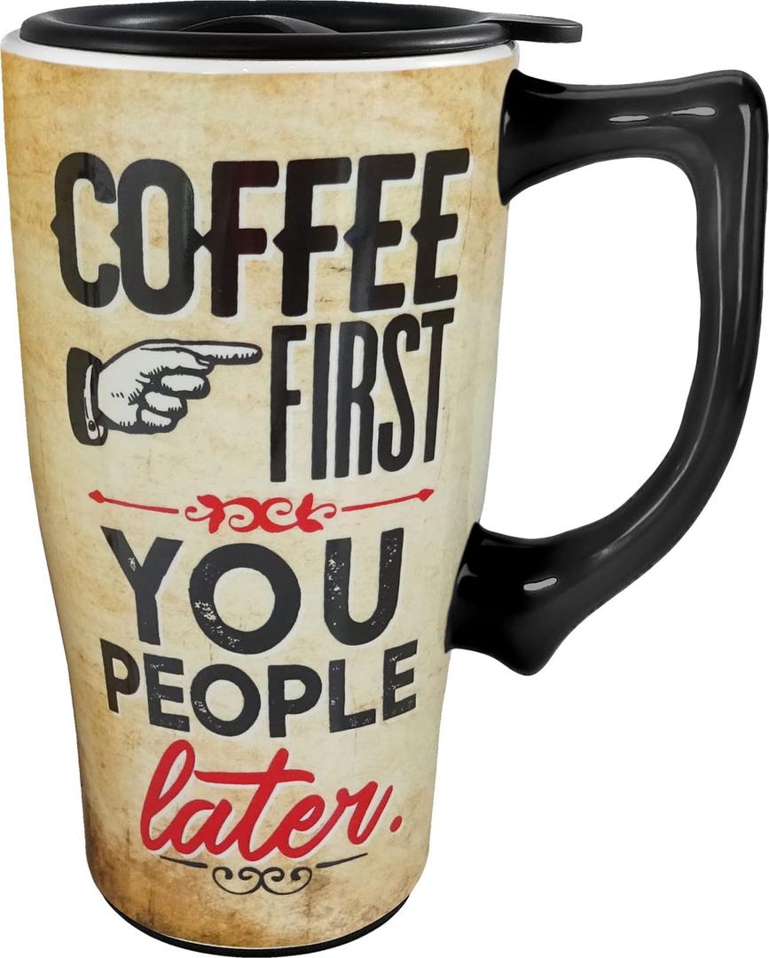 Spoontiques - Ceramic Travel Coffee Mug with Lid and Handle - Spill Proof Lid - Double Walled Mug for Hot and Cold Beverages - Microwave and Dishwasher Safe - Coffee First Travel Mug