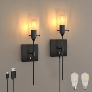 Dimmable Battery Operated Wall Sconce Set of 2, Rechargeable Wall Mount Light No Wiring, Easy Install Wireless Wall Lamp for Living Room Bedroom Hallway Farmhouse Indoor, Bulb Included (Touch Control, Black)