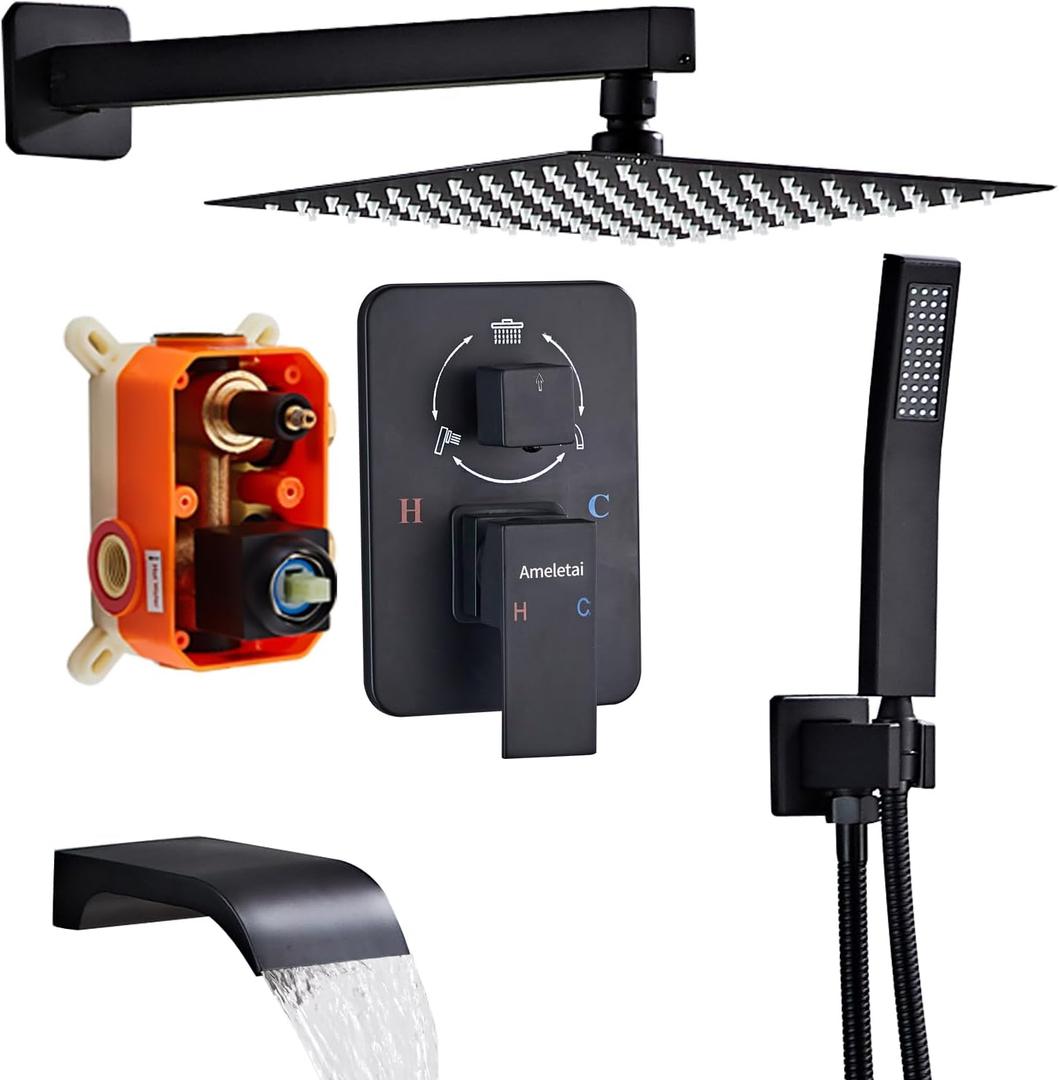 Ameletai 10" Matte Black Shower Faucet Set  Square Rainfall Showerhead + Handheld & Waterfall Spout, Wall-Mounted, AntiClog Silicone  Modern Bathroom Hardware