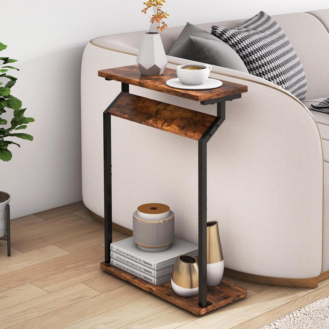 Narrow Side Table for Small Spaces, End Table for Couch, Slim Couch Tray Tables, Skinny Thin End Tables for Living Room, Bedroom, Rustic Brown