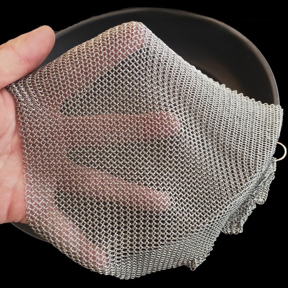 Cast Iron Cleaner - 10''x10'' Upgraded Thin and Small Circle 3.8mm Diameter, Premium 316L Stainless Steel Chainmail Scrubber - Durable Scraper for Skillet, Woks, Pots, Pan, Griddles and Containers