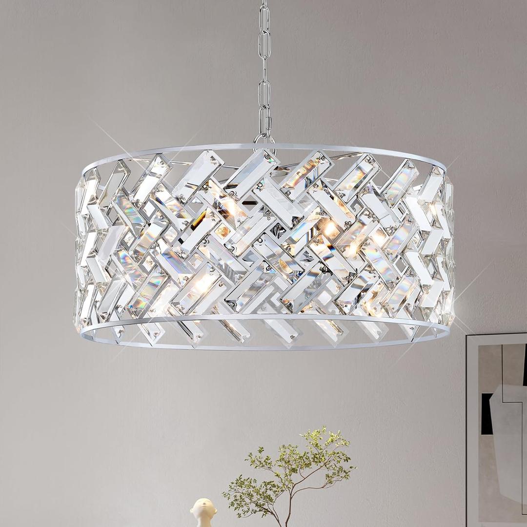 Chrome Crystal Chandelier, 18" Modern Drum Ceiling Light Fixture, 6-Light Semi Flush Mount Pendant with K9 Crystals, Round Hanging Lighting for Dining Room, Living Room, Bedroom, Kitchen, Hallway, Medium-18