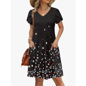 OFEEFAN Womens Summer Dresses 2025 Tulip Petal Short Sleeve V Neck Loose Swing Sundresses with Pockets Plain/Print XXL