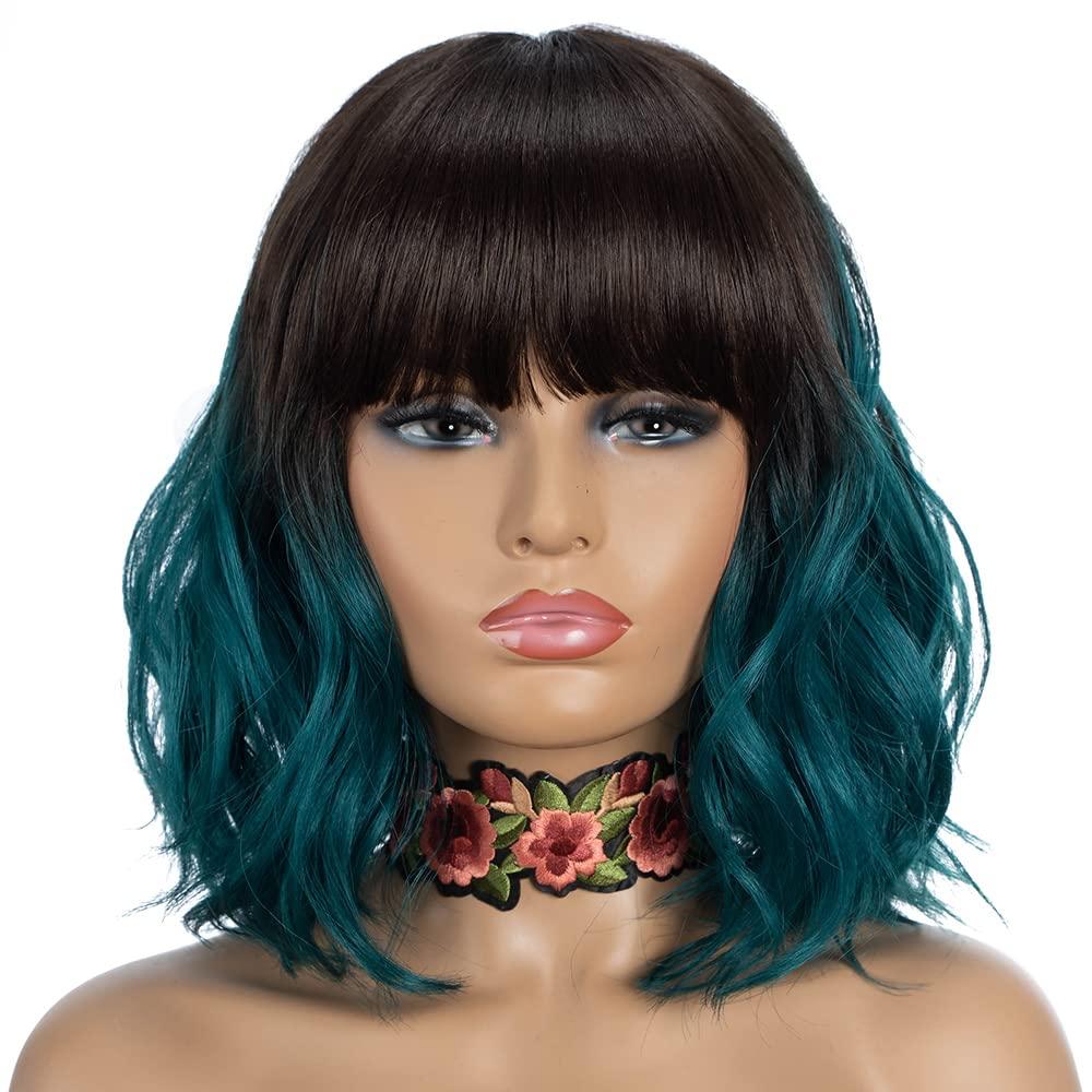 NOBLE Synthetic Curly Bob Wig With Bangs Short Bob Wigs Ombre Brown To Green Color Women's Shoulder Length Wigs Curly Wavy Wig Heat Resistant Colorful Daily Party Wig. (12 Inch (Pack of 1)