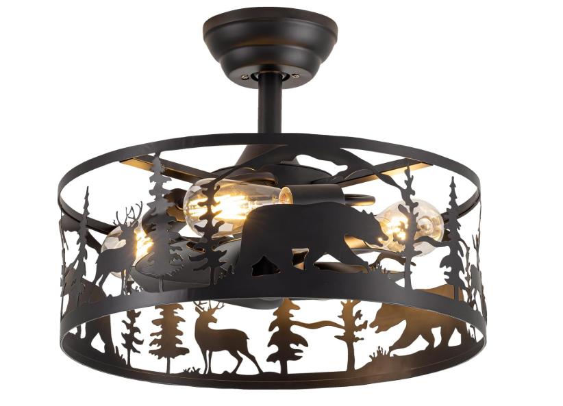 Farmhouse Caged Ceiling Fans with Lights and Remote Control,Rustic Black Chandelier Fan with Bear Deer Design,Flush Mount Low Profile Fandelier for Bedroom,Dining Living Room,Foyer