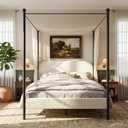 Christopher Knight Home Queen Size Upholstered Canopy Bed Frame with Boucle Fabric, Curved Headboard and Iron Legs, Modern Platform Bed Frame with Slats No Box Spring Needed, White